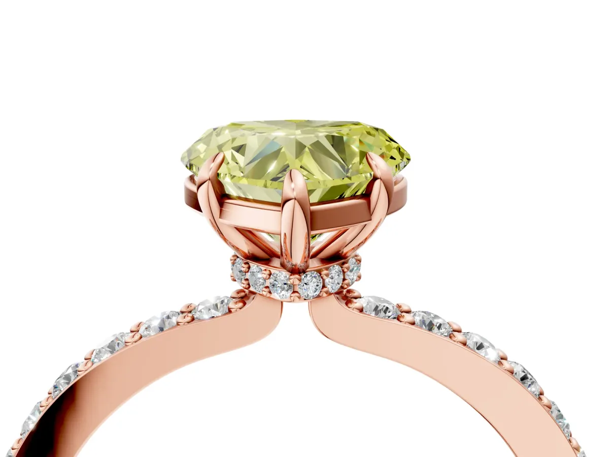 Fancy Yellow Heart Cut Diamond Solitaire Engagement Ring with Pavé Band and Four-Prong Setting Rose gold