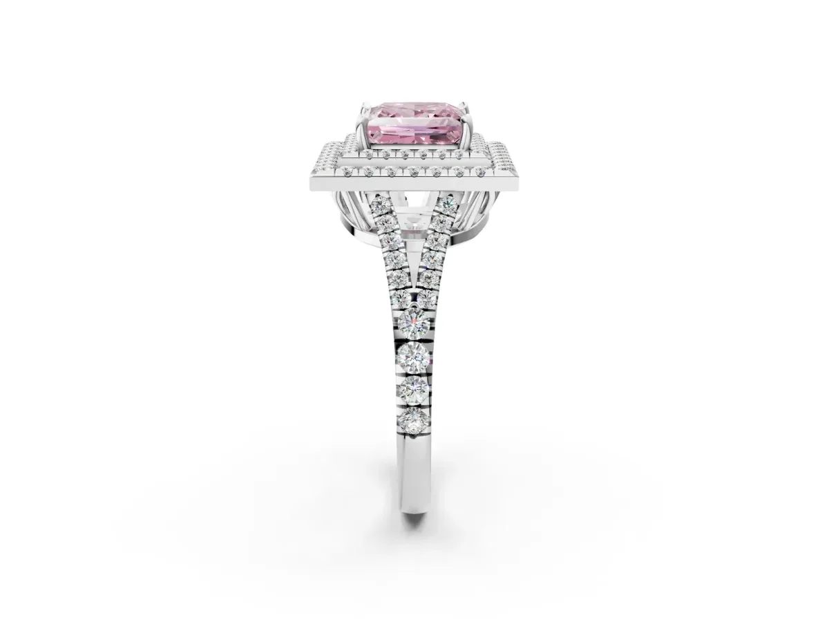 Fancy Pink Princess Cut Diamond Double Halo Ring with Pavé Band and Prong Setting White gold