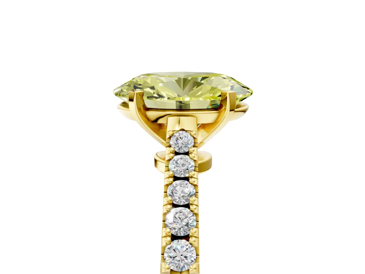 Fancy Yellow Oval Cut Cut Solitaire Diamond Engagement Ring with Pave Band and Four-Prong Setting Yellow gold