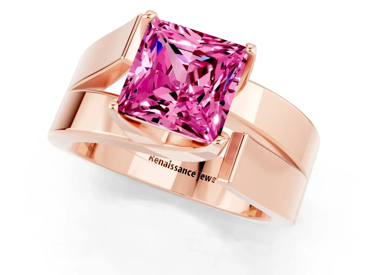 Modern Tension Set Princess Cut Pink Sapphire Solitaire Wide Band Ring Rose gold