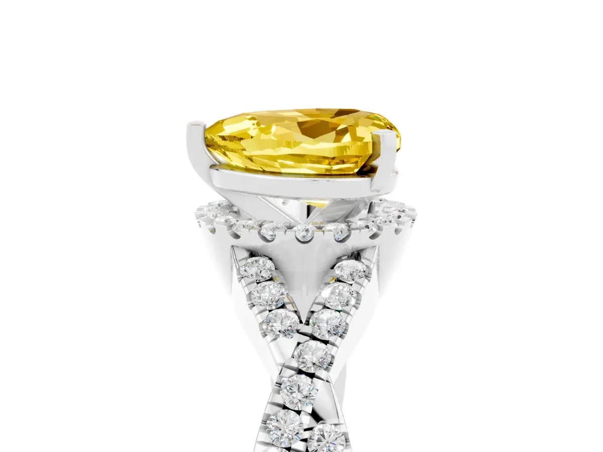 Heart Cut Yellow Sapphire Halo Twist Band Solitaire Prong Setting Ring White gold
