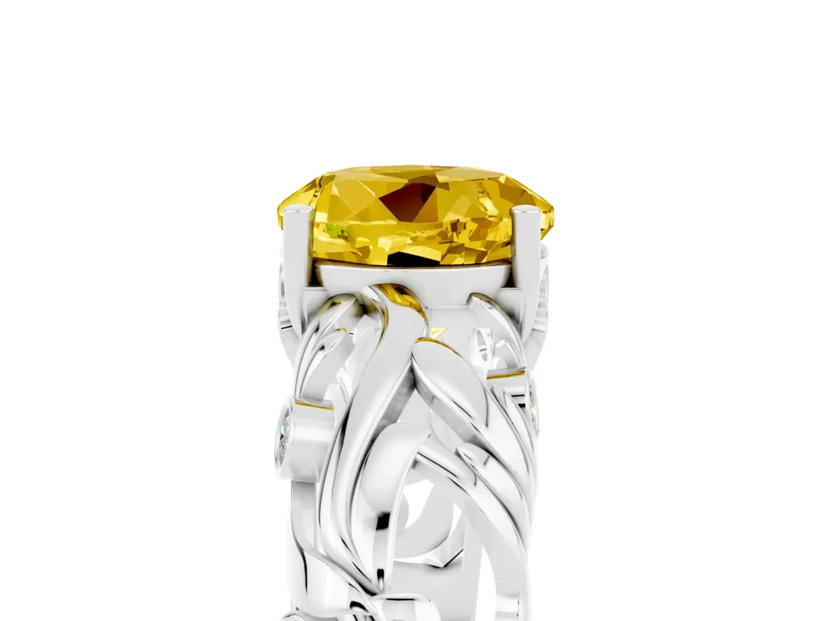 Round Cut Solitaire Yellow Sapphire Leaf-Inspired Vine Band Ring with Prong Setting Silver
