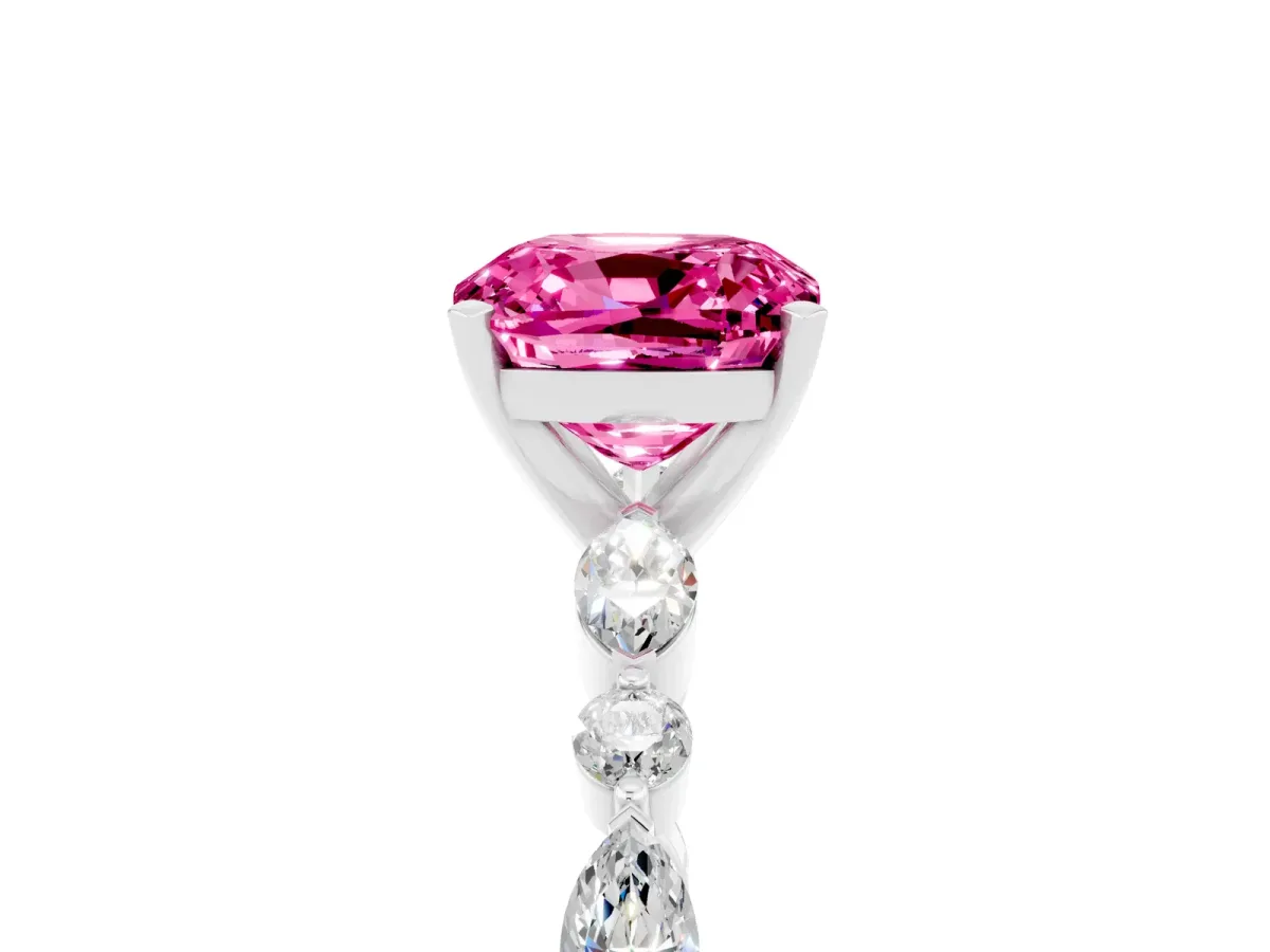 Cushion Cut Pink Sapphire Ring with Marquise and Round Side Stones and Four-Prong Setting White gold