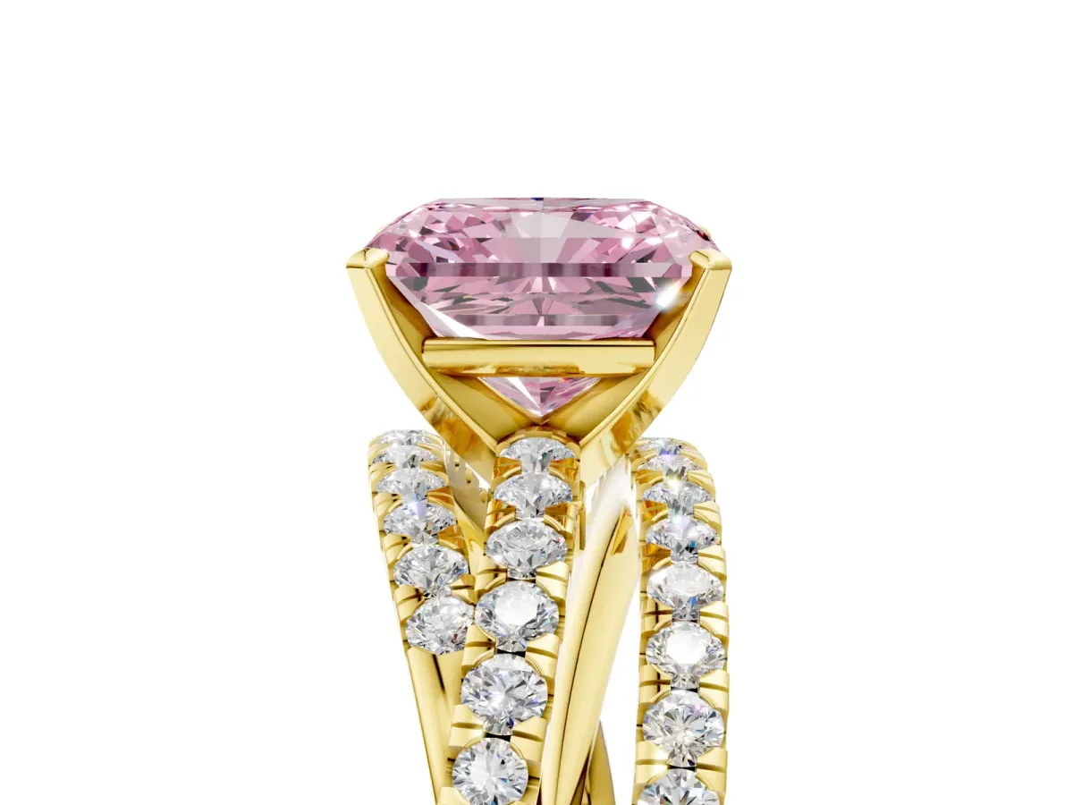 Fancy Pink Radiant Cut Solitaire Twist Band with Pavé Setting and Four-Prong Setting Yellow gold