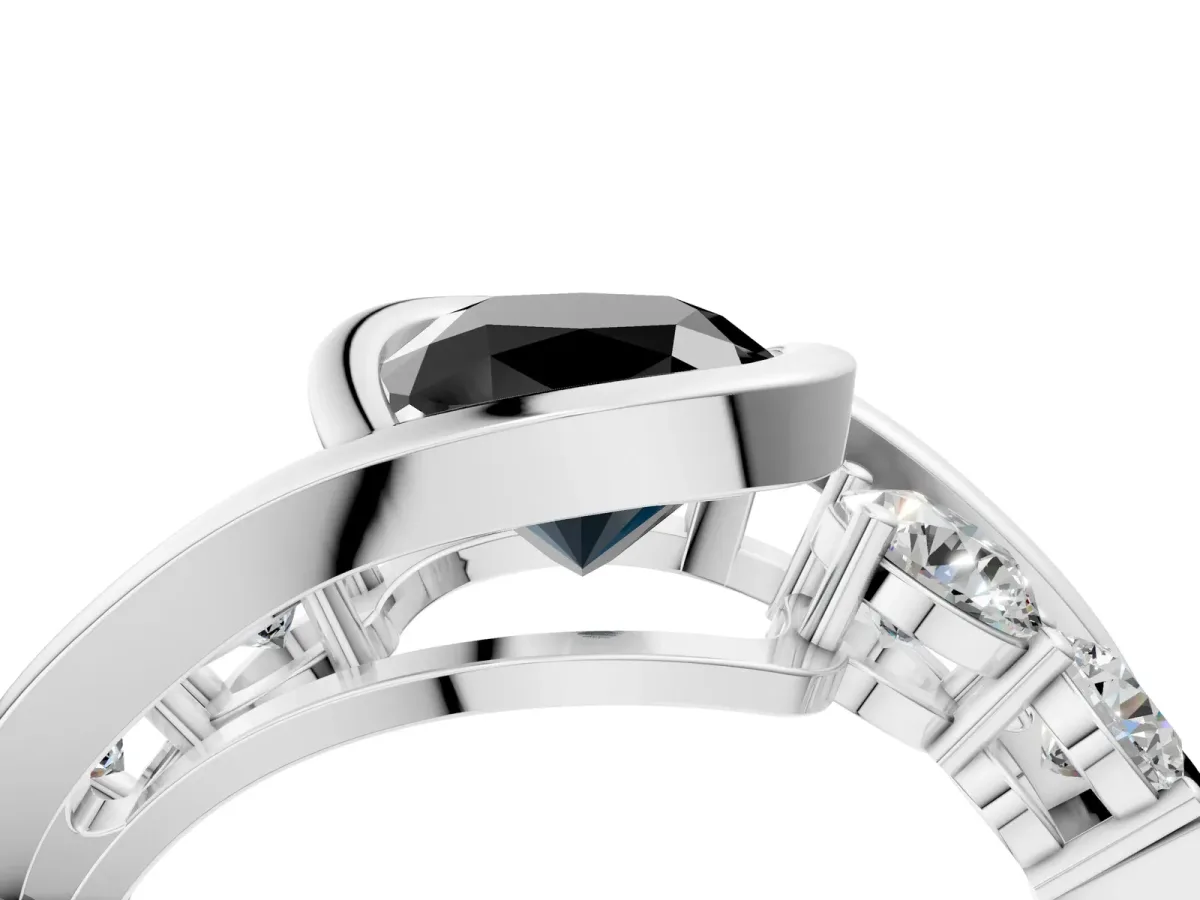 Fancy Black Bezel Set Cushion Cut Diamond Bypass Ring with Round Accents Platinum