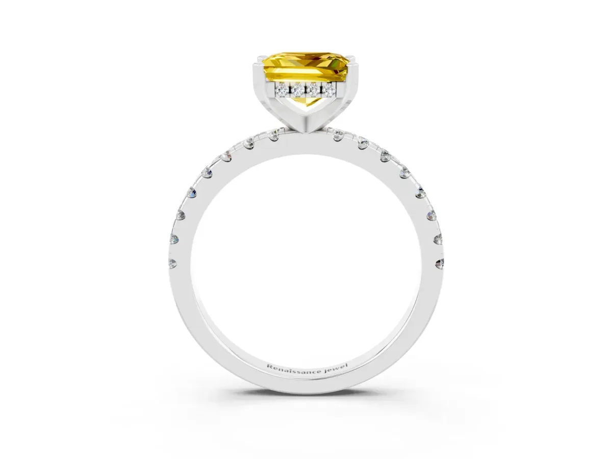 Princess Cut Yellow Sapphire Solitaire Ring with Round Pavé Band and Four-Prong Setting White gold