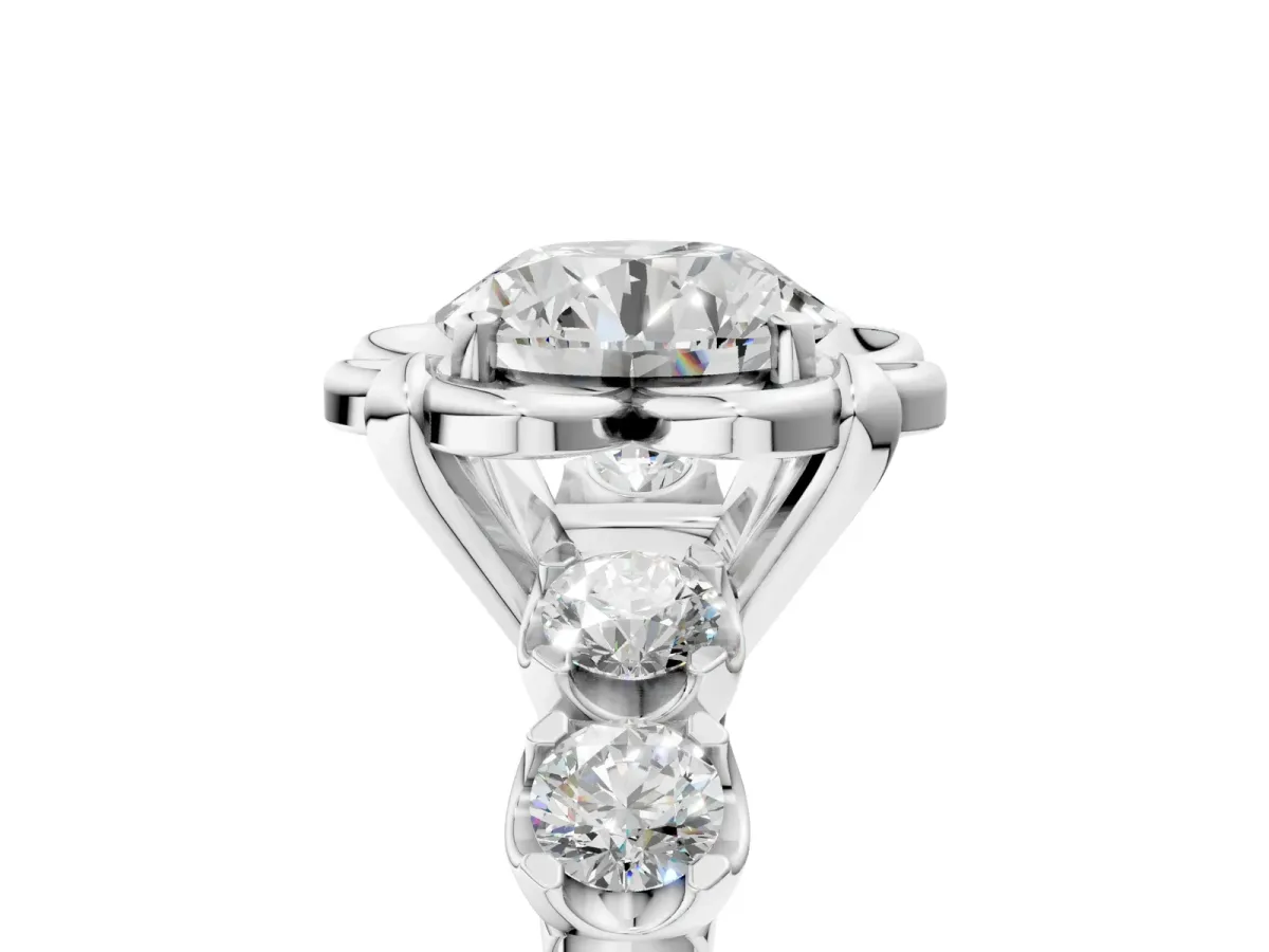Round Cut Cut Diamond Floral Halo Engagement Ring with Shared Prong Setting Silver