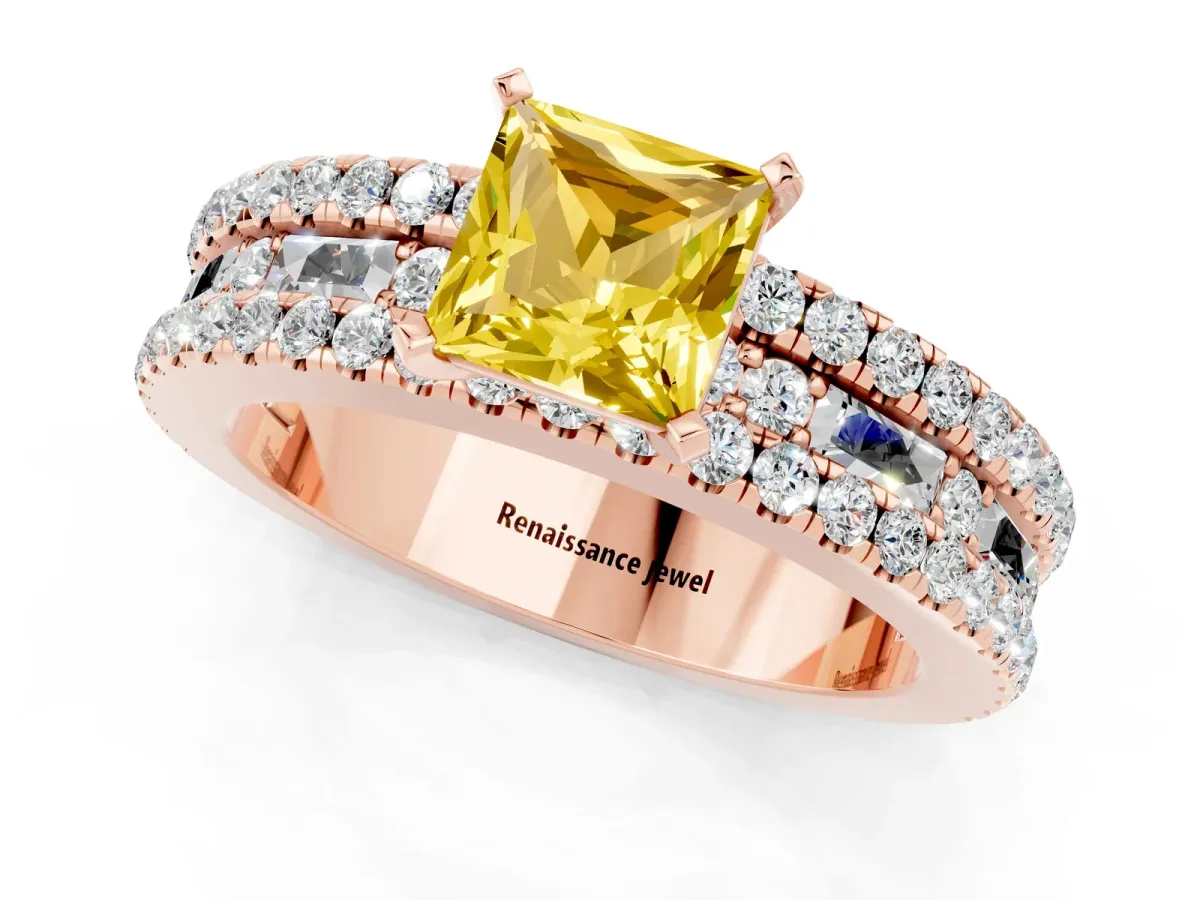 Princess Cut Yellow Sapphire Solitaire Ring with Pavé and Channel Set Band Rose gold