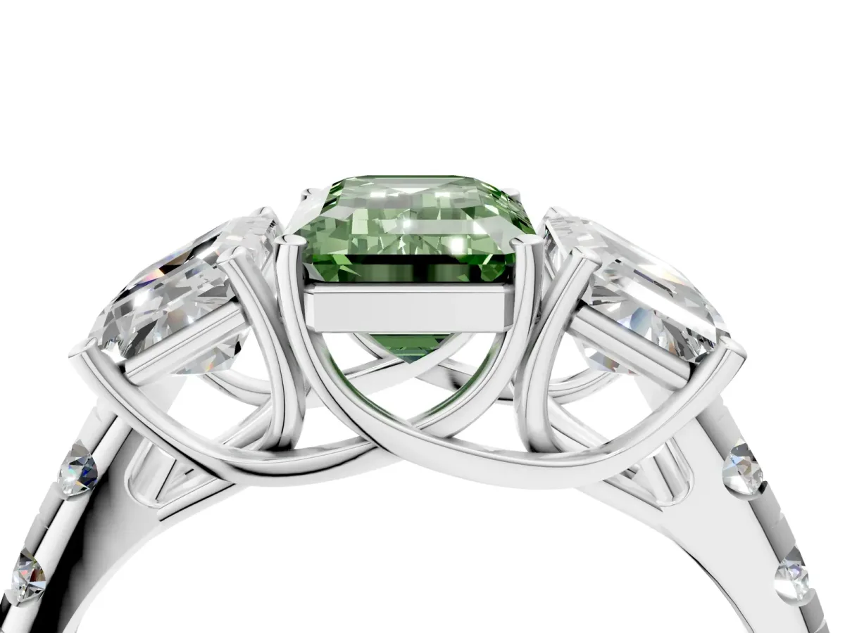 Fancy Green Three-Stone Emerald Cut Diamond Pavé Band with Prong Setting Platinum
