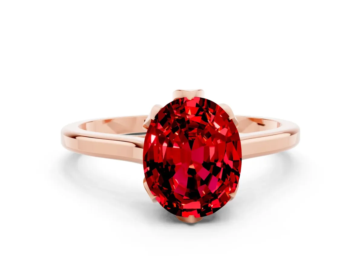 Oval Cut Ruby Solitaire Ring with Flower Prong Setting and Classic Band Rose gold