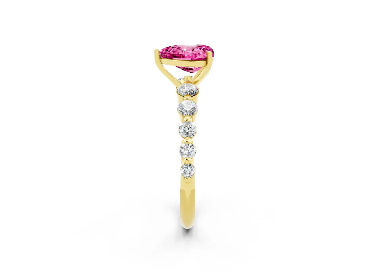 Heart Cut Solitaire Pink Sapphire Ring with Pave Band and Four-Prong Setting Yellow gold