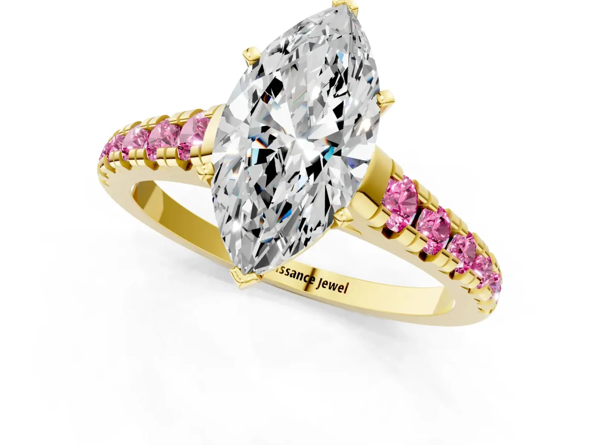 Marquise Cut Diamond Cathedral Solitaire Ring with Round Pink Sapphire Pavé Band Yellow gold