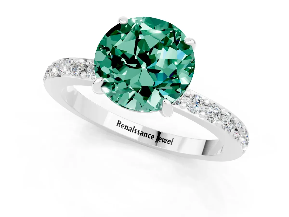 Round Cut Green Sapphire Solitaire Engagement Ring with Pavé Band and Four-Prong Setting White gold