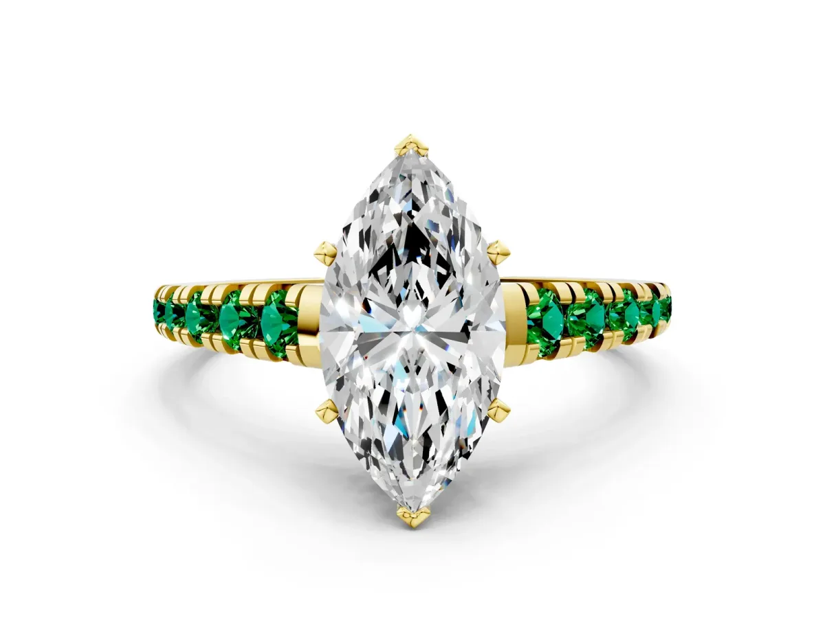 Marquise Cut Diamond Cathedral Solitaire Ring with Round Emerald Pavé Band Yellow gold