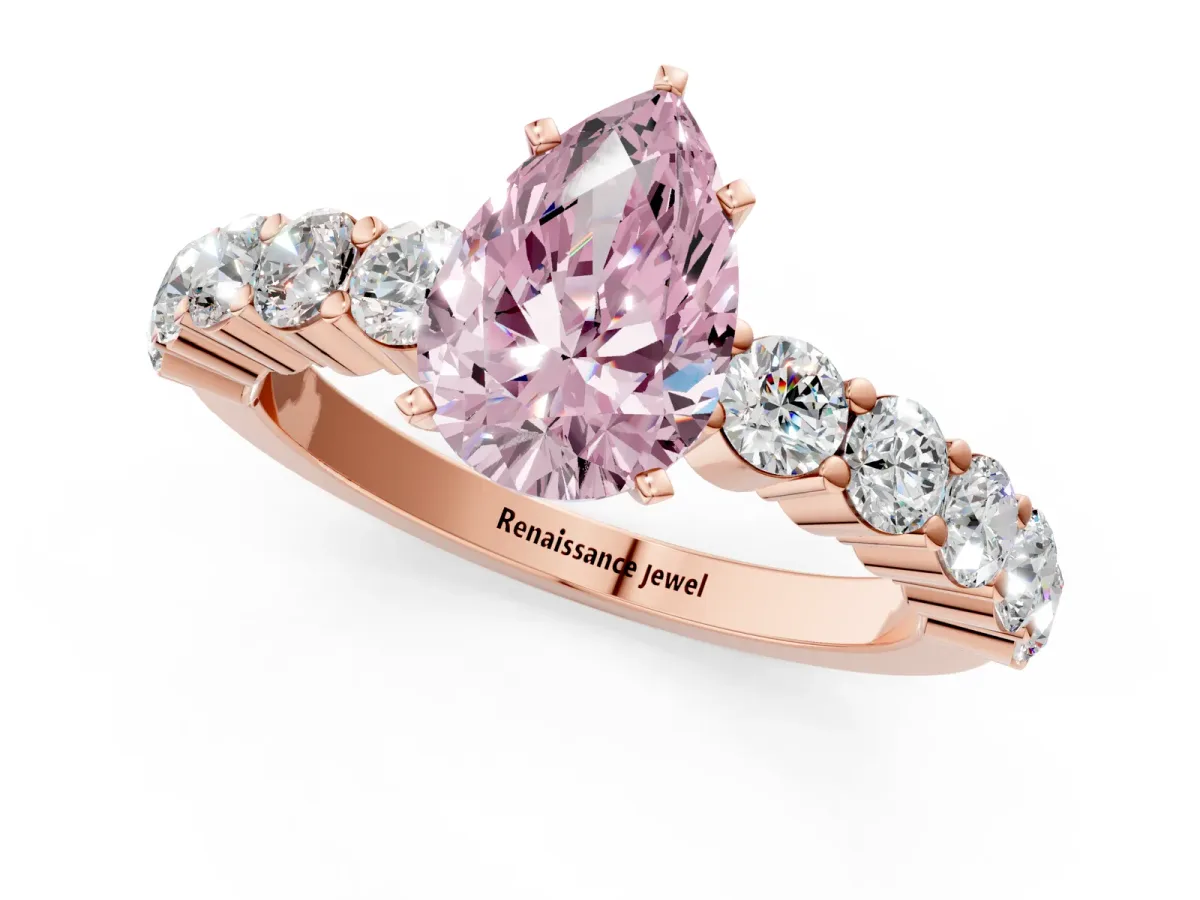 Fancy Pink Pear Cut Diamond Solitaire Ring with Shared Prong Round Side Stones Rose gold