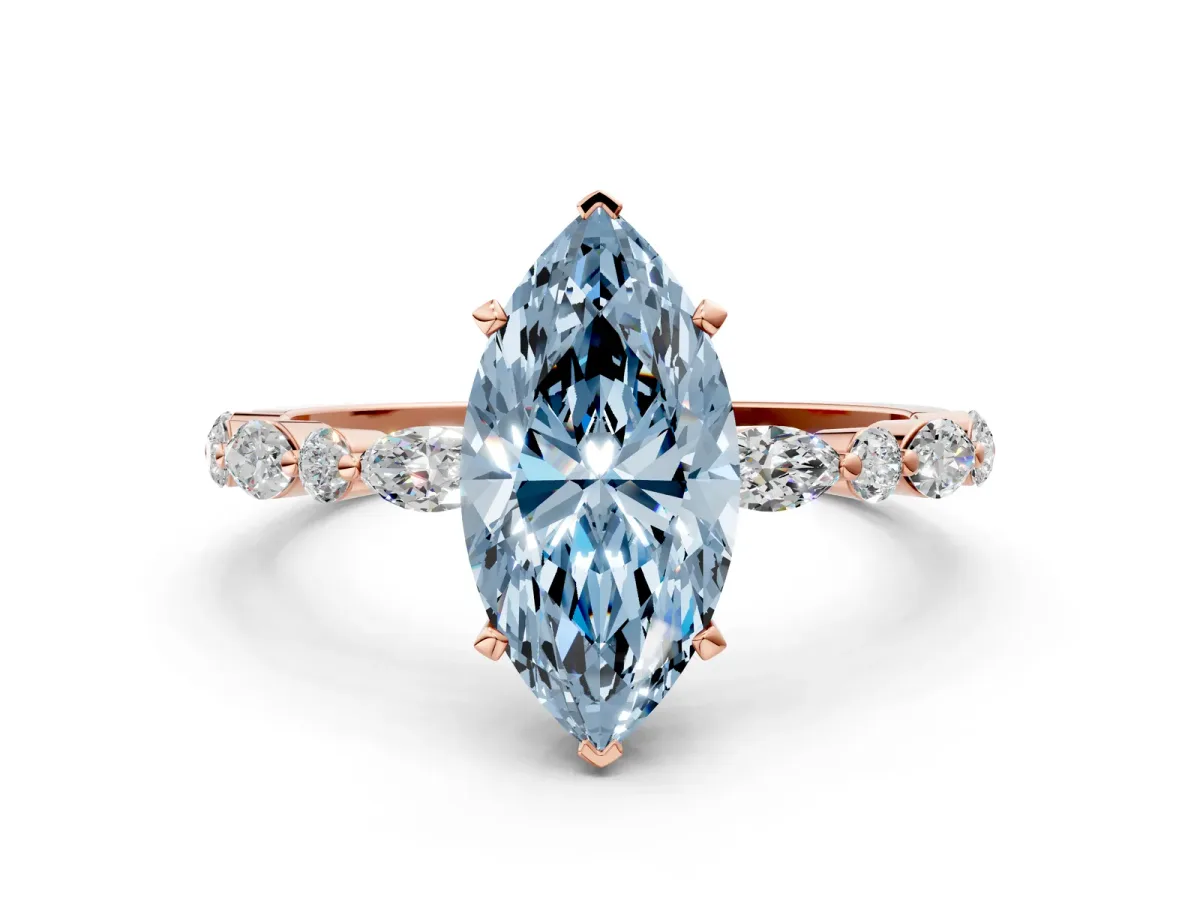 Fancy Blue Marquise Cut Diamond Ring with Marquise and Round Side Stones and Four-Prong Setting Rose gold