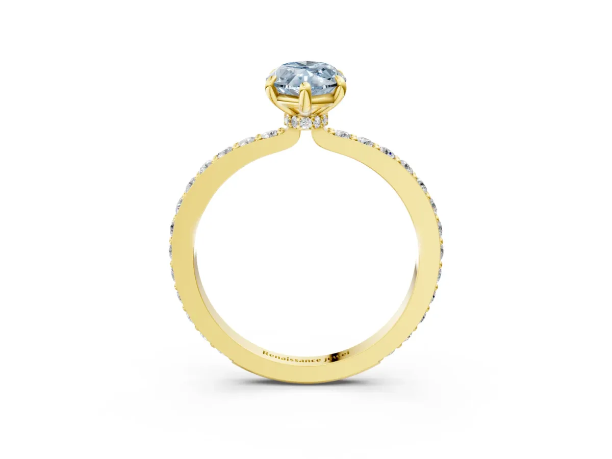 Fancy Blue Marquise Cut Diamond Solitaire Engagement Ring with Pavé Band and Four-Prong Setting Yellow gold