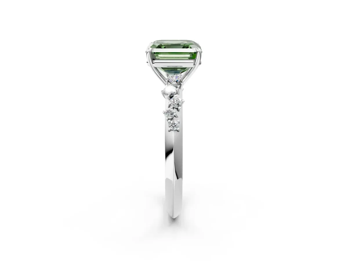 Fancy Green Asscher Cut Diamond Cluster Side Stone Solitaire Ring with Prong Setting Platinum