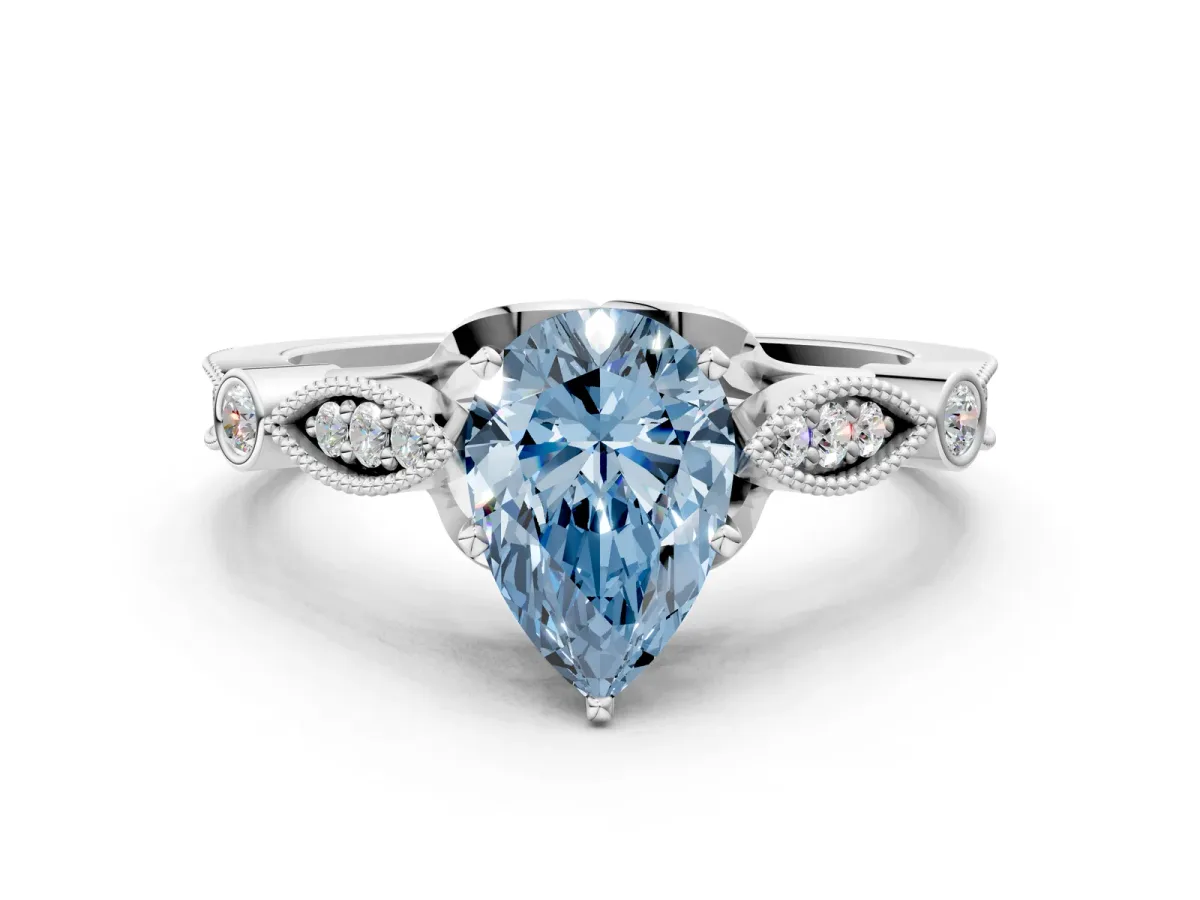 Fancy Blue Pear Cut Cut Diamond with Milgrain Marquise and Bezel Accents on a Solitaire Band with Prong Setting Silver