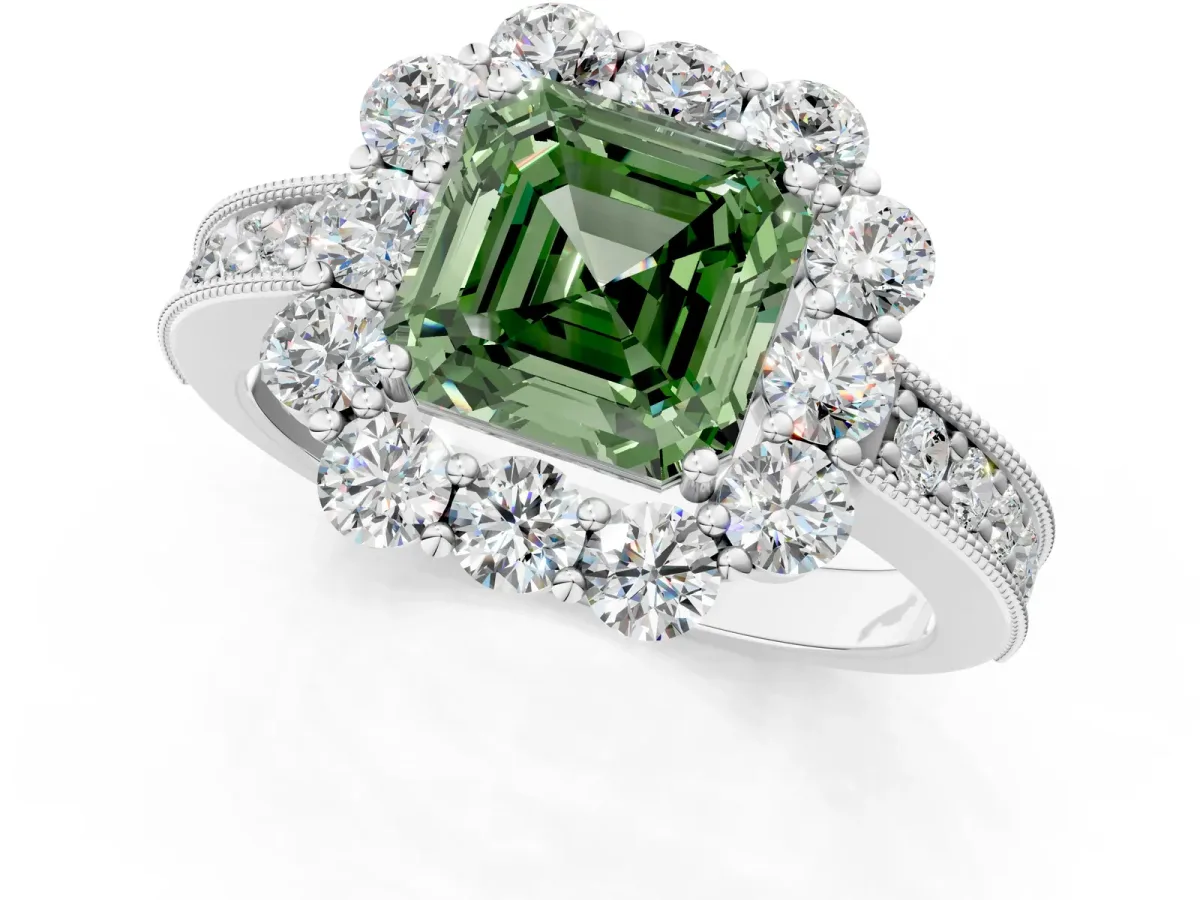 Fancy Green Asscher Cut Cut Halo Diamond Pavé Engagement Ring with Milgrain Detailing Platinum
