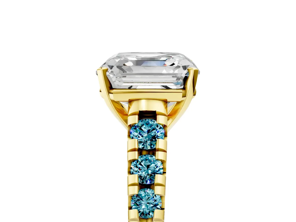 Asscher Cut Diamond Cathedral Solitaire Ring with Round Blue Topaz Pavé Band Yellow gold