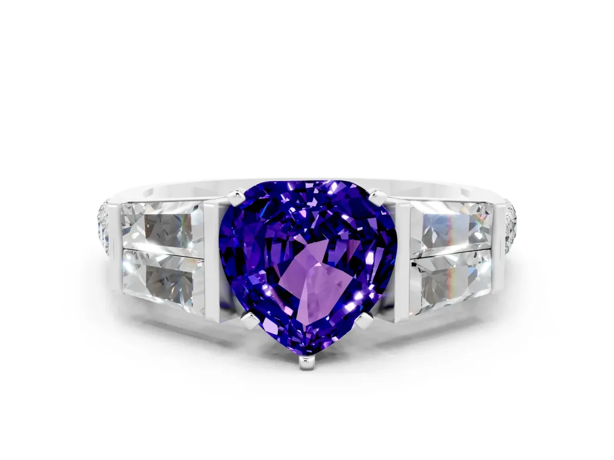 Heart Cut Tanzanite Engagement Ring with Baguette Side Stones and Channel Set Band Platinum
