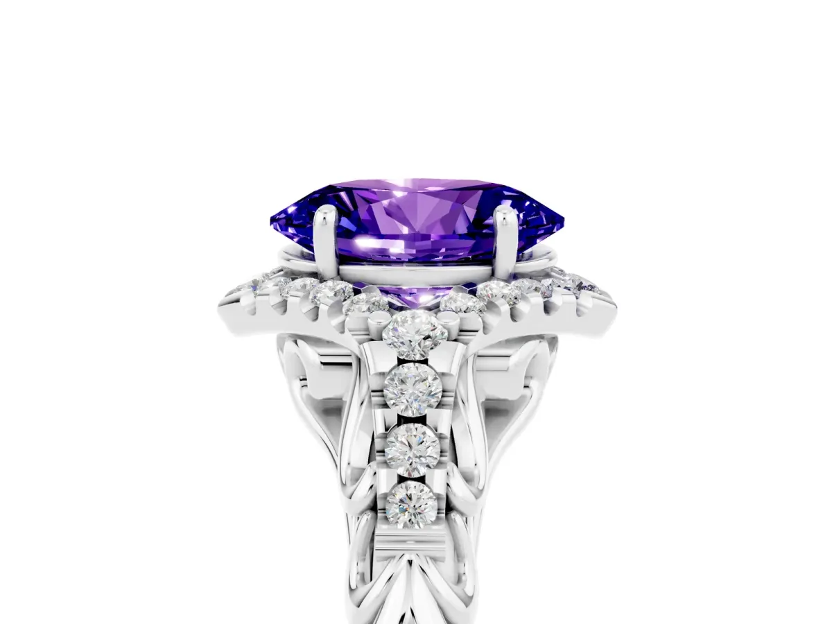 Oval Cut Tanzanite Solitaire Ring with Hidden Halo and Pavé Band White gold