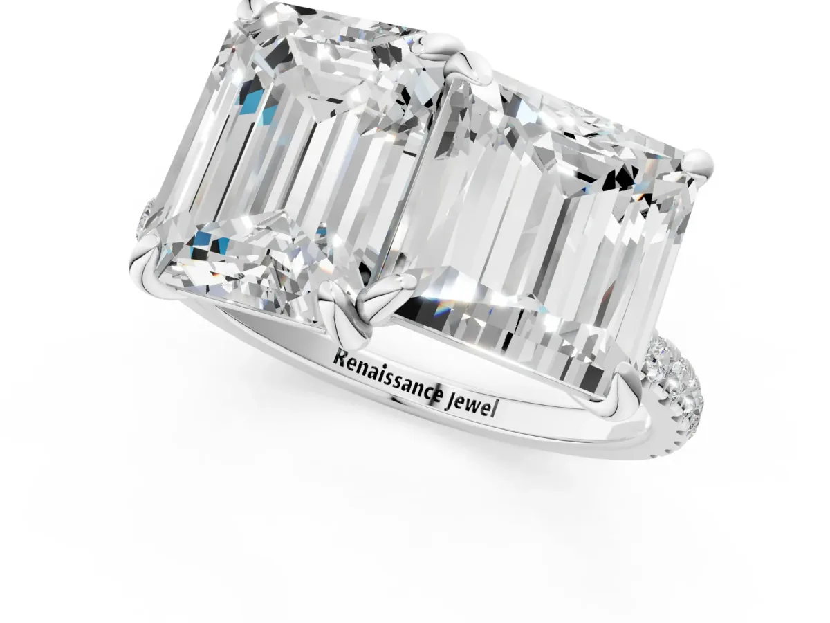 Emerald and Princess Toi Moi Ring with Prong Setting and Micro Pave Band Silver