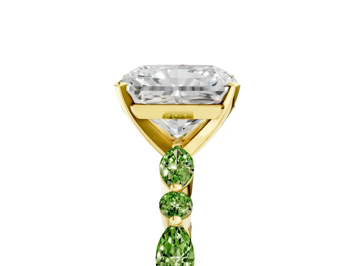 Radiant Cut Diamond Ring with Marquise and Round Peridot Side Stones and Four-Prong Setting Yellow gold