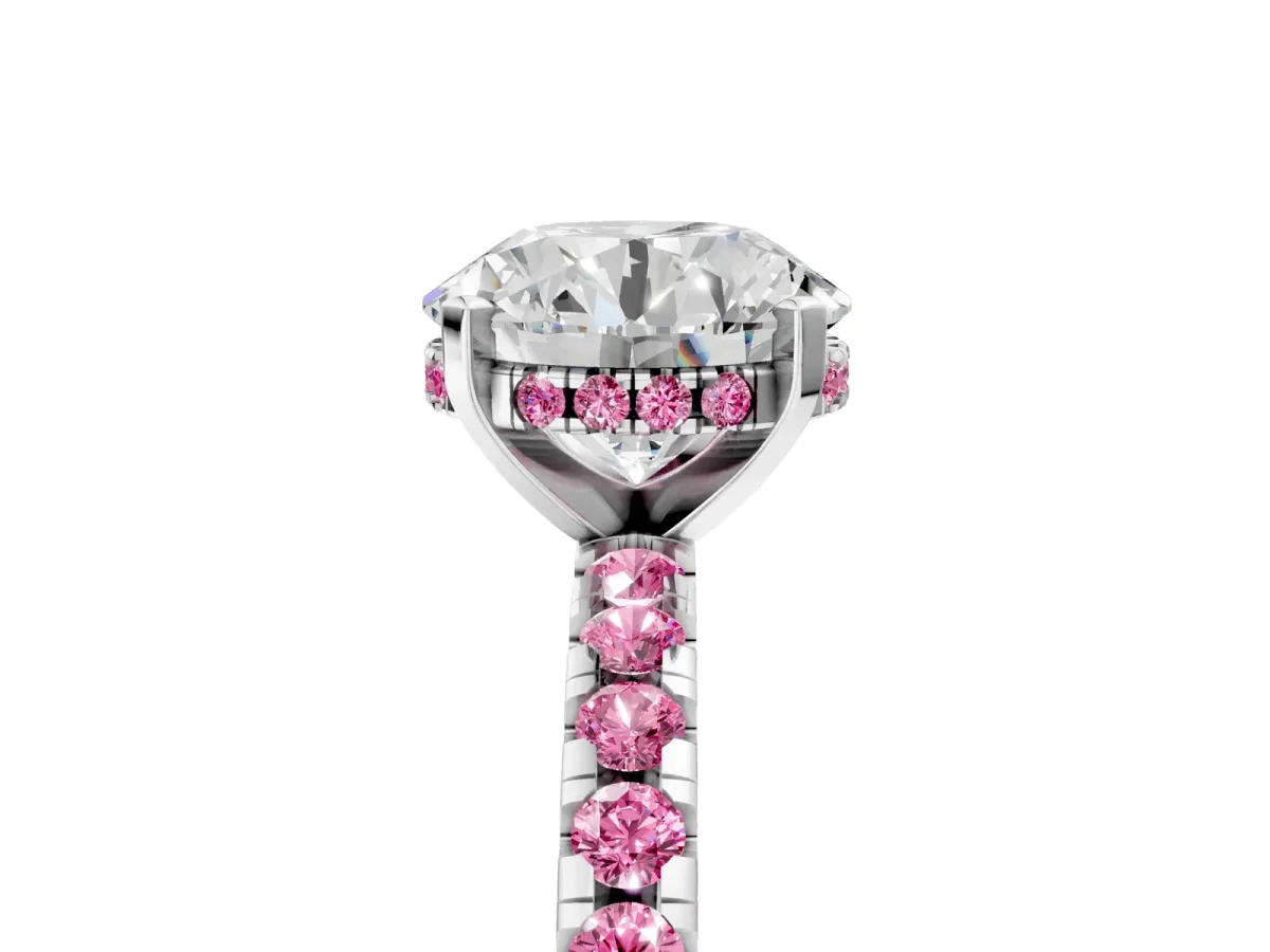 Round Cut Diamond Solitaire Ring with Round Pink Sapphire Pavé Band and Four-Prong Setting White gold