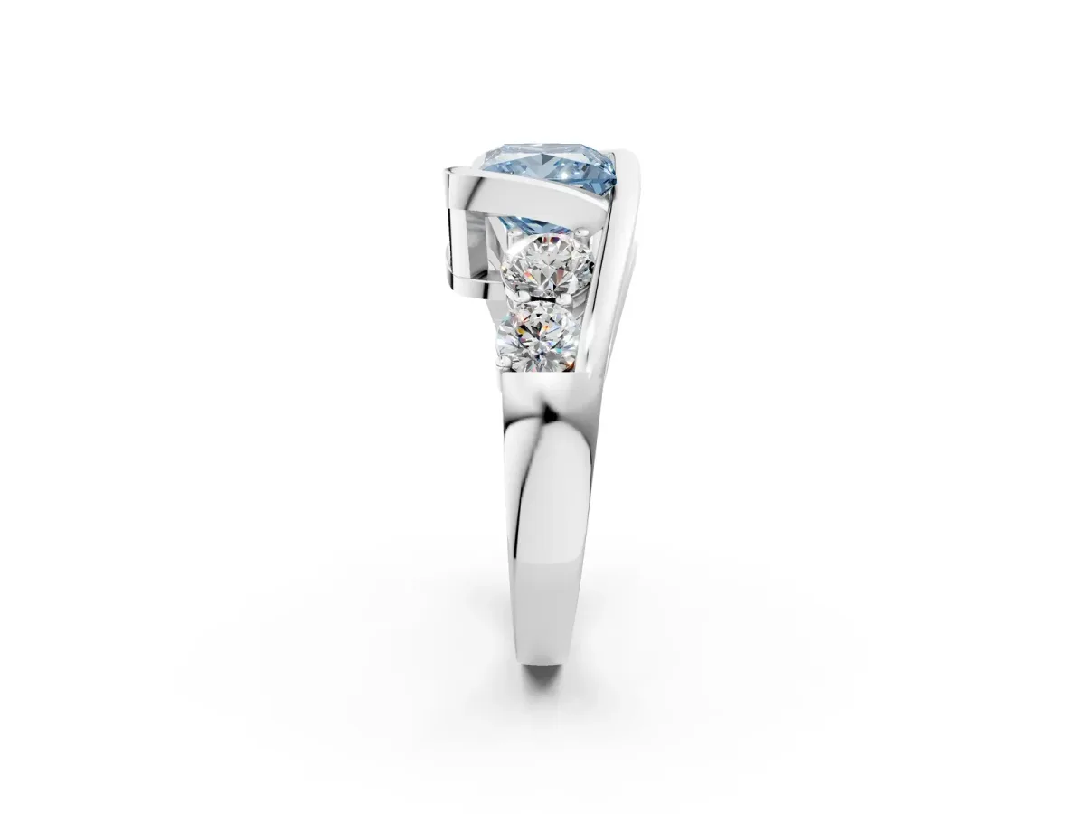 Fancy Blue Bezel Set Princess Cut Diamond Bypass Ring with Round Accents Silver