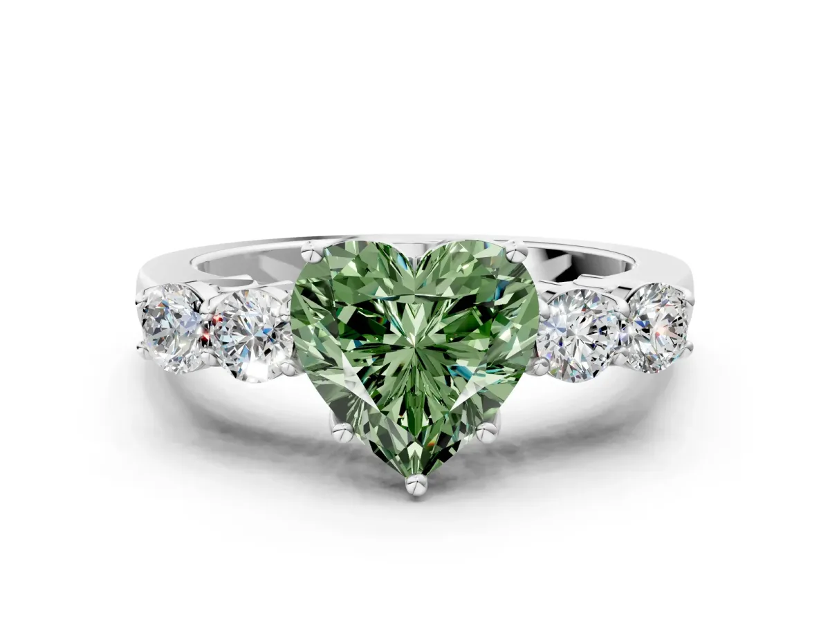 Fancy Green Heart Cut Cut Diamond Five-Stone Prong Set White Gold Ring Platinum