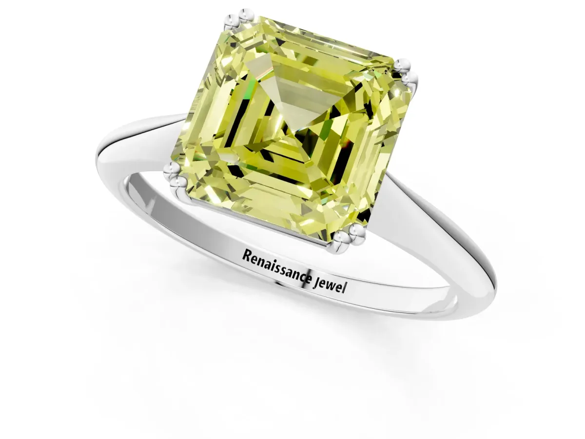 Fancy Yellow Asscher Cut Solitaire Diamond Ring with Six-Prong Setting and Classic Band Platinum