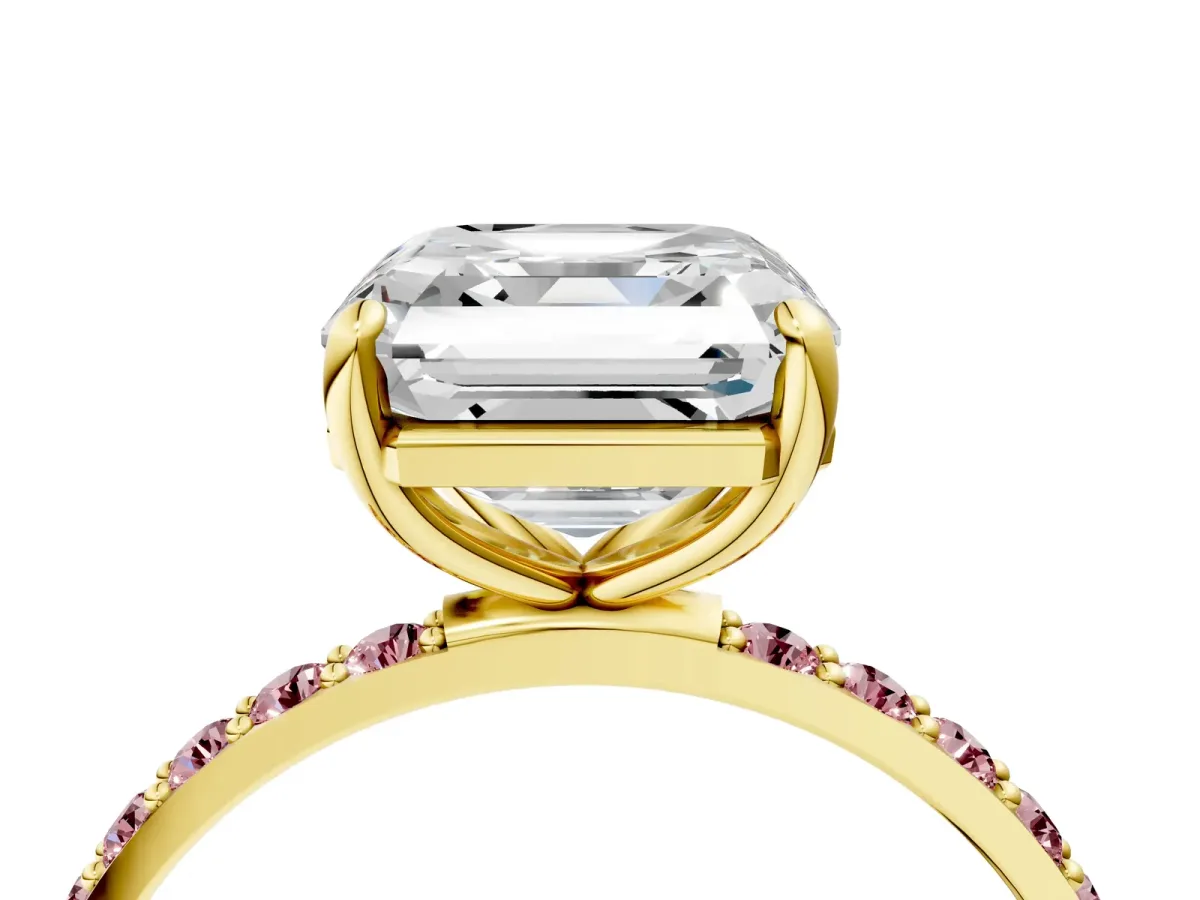 Asscher Cut Diamond Solitaire Ring with Round Morganite Pavé Band and Prong Setting Yellow gold