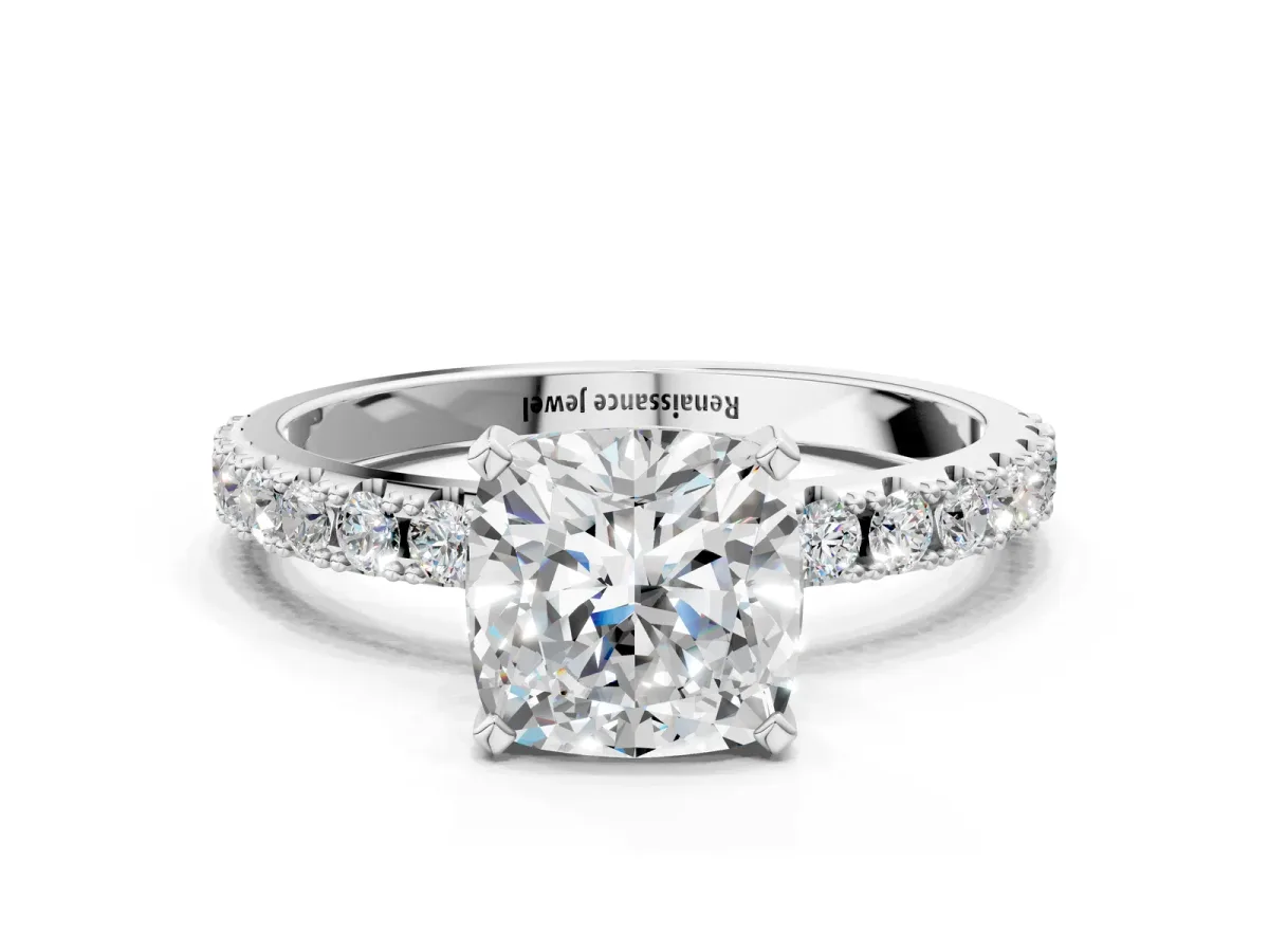 Cushion Cut Diamond Solitaire Pavé Band with Four-Prong Setting Silver