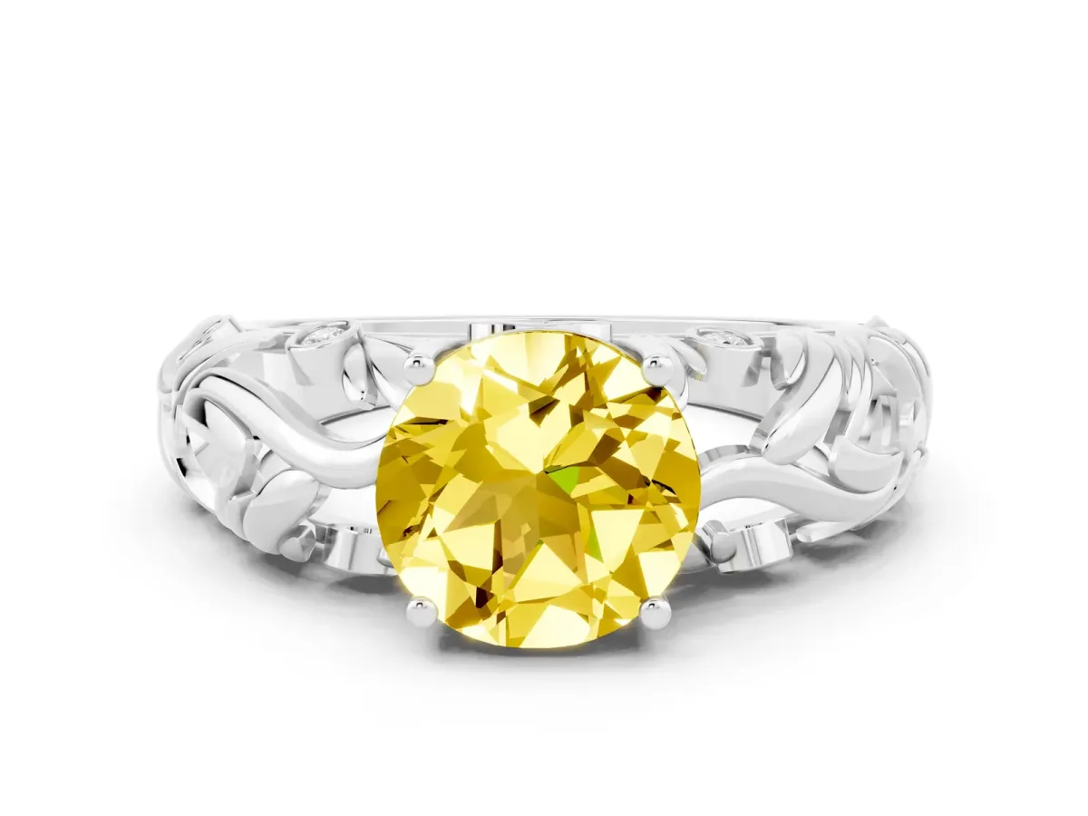 Round Cut Solitaire Yellow Sapphire Leaf-Inspired Vine Band Ring with Prong Setting Silver