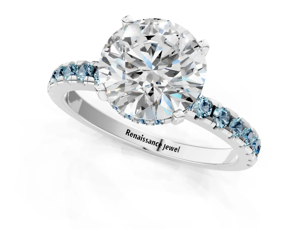 Round Cut Diamond Solitaire Ring with Round Aquamarine Pavé Band and Four-Prong Setting White gold