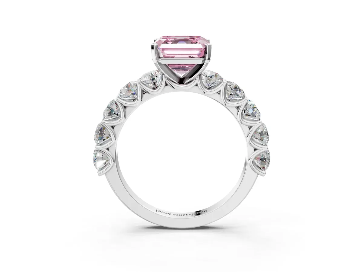 Fancy Pink Asscher Cut Diamond Prong Setting with Side Stones on a Pave Band Silver