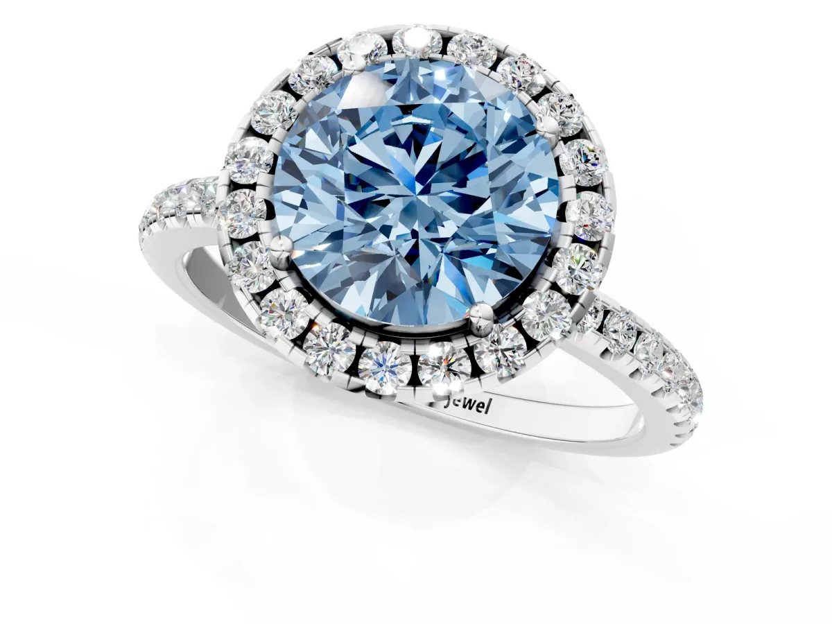 Fancy Blue Round Cut Diamond Halo Ring with Round Pavé Band and Prong Setting Platinum