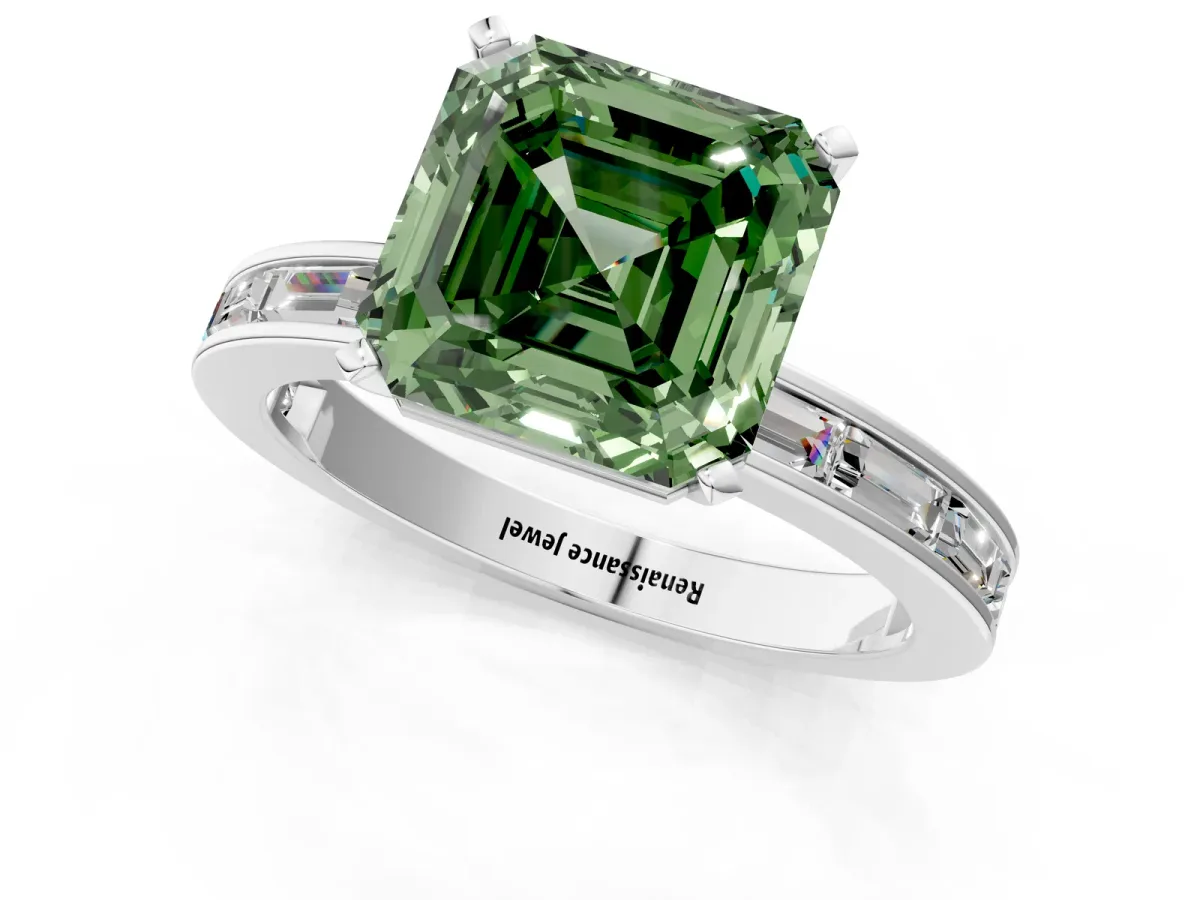 Fancy Green Asscher Cut Solitaire Diamond Ring with Channel-Set Baguette Band and Four-Prong Setting White gold