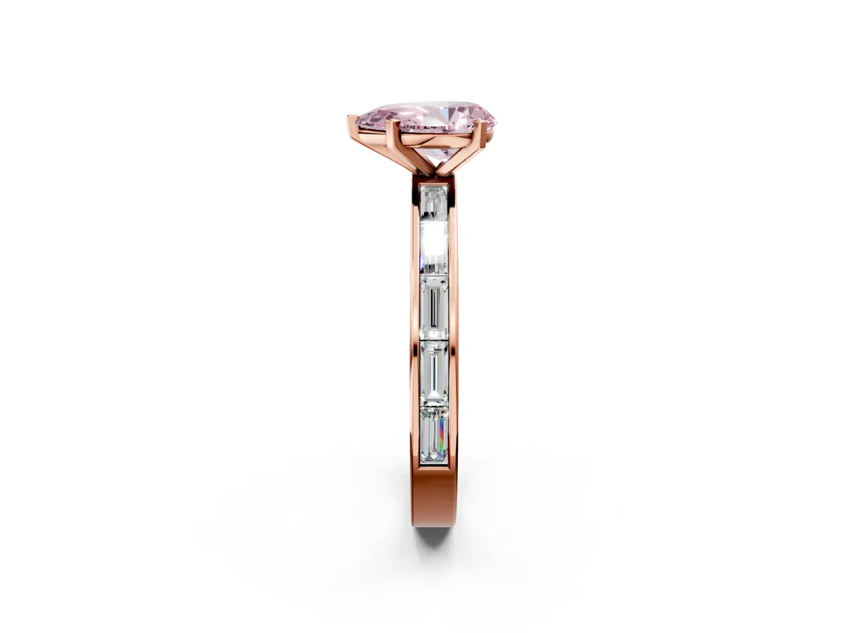 Fancy Pink Pear Cut Solitaire Diamond Ring with Channel-Set Baguette Band and Four-Prong Setting Rose gold