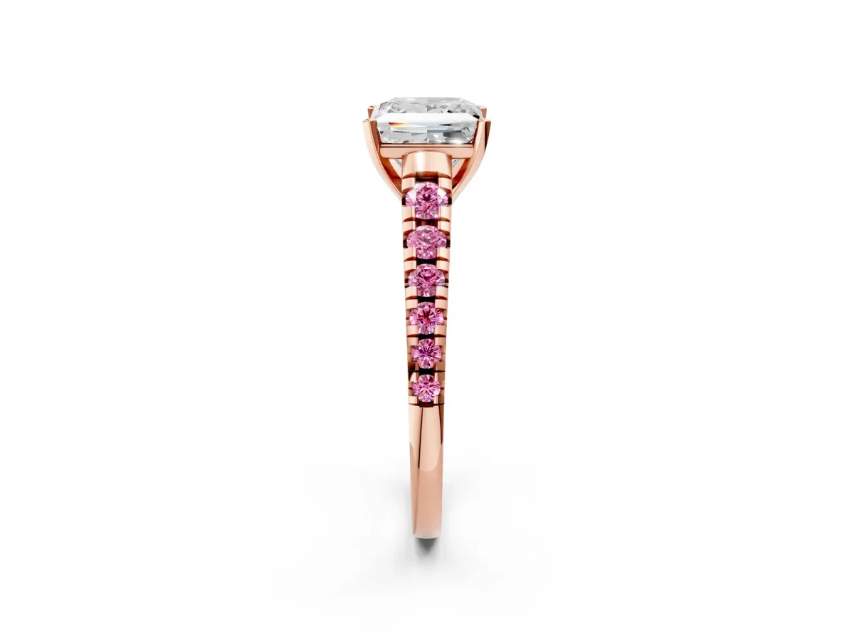 Princess Cut Diamond Cathedral Solitaire Ring with Round Pink Sapphire Pavé Band Rose gold