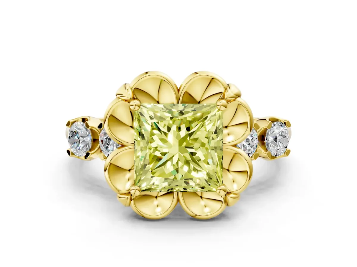 Fancy Yellow Princess Cut Cut Diamond Floral Halo Engagement Ring with Shared Prong Setting Yellow gold