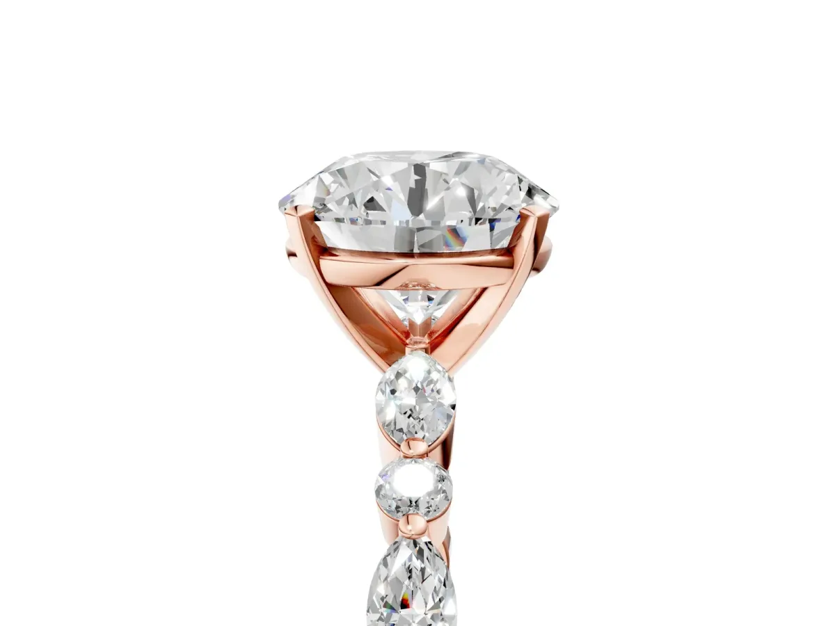 Round Cut Diamond Ring with Marquise and Round Moissanite Side Stones and Four-Prong Setting Rose gold