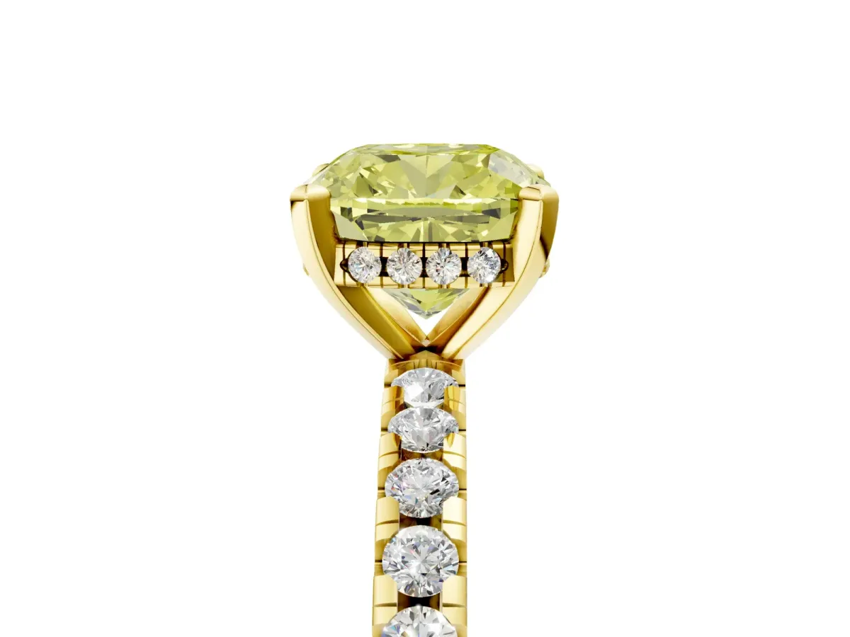 Fancy Yellow Cushion Cut Diamond Solitaire Ring with Round Pavé Band and Four-Prong Setting Yellow gold
