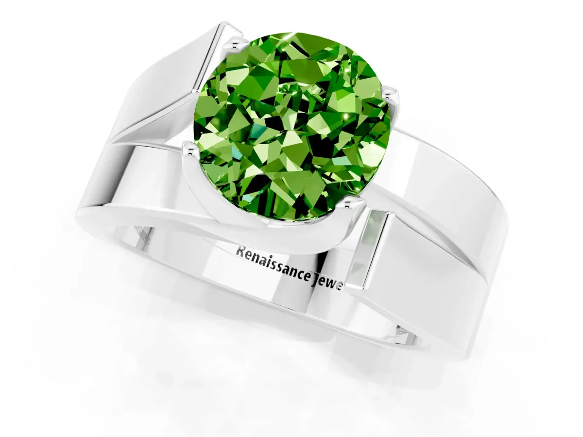 Modern Tension Set Round Cut Peridot Solitaire Wide Band Ring Platinum