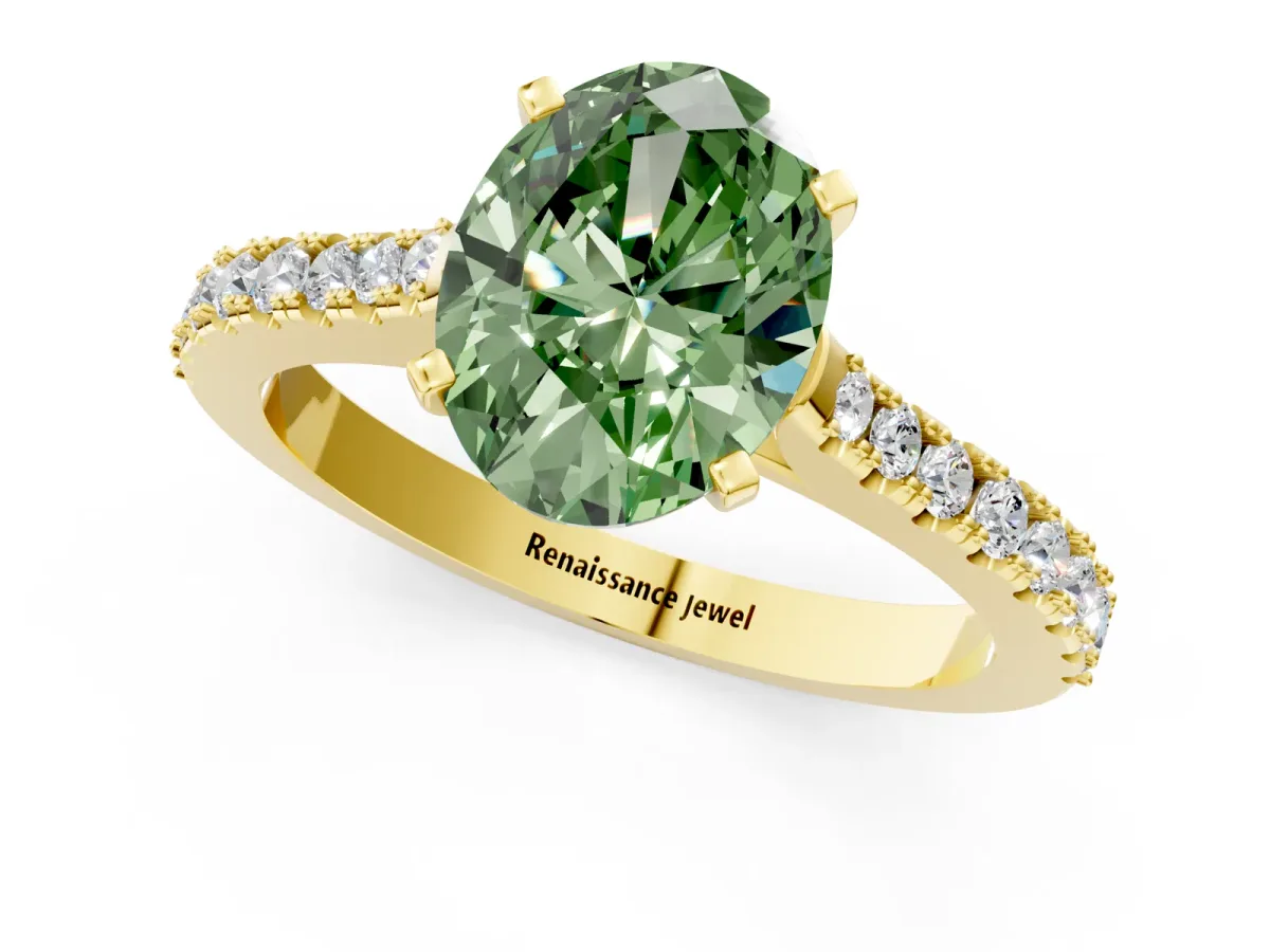 Fancy Green Oval Cut Cut Solitaire Diamond Engagement Ring with Pave Band and Four-Prong Setting Yellow gold