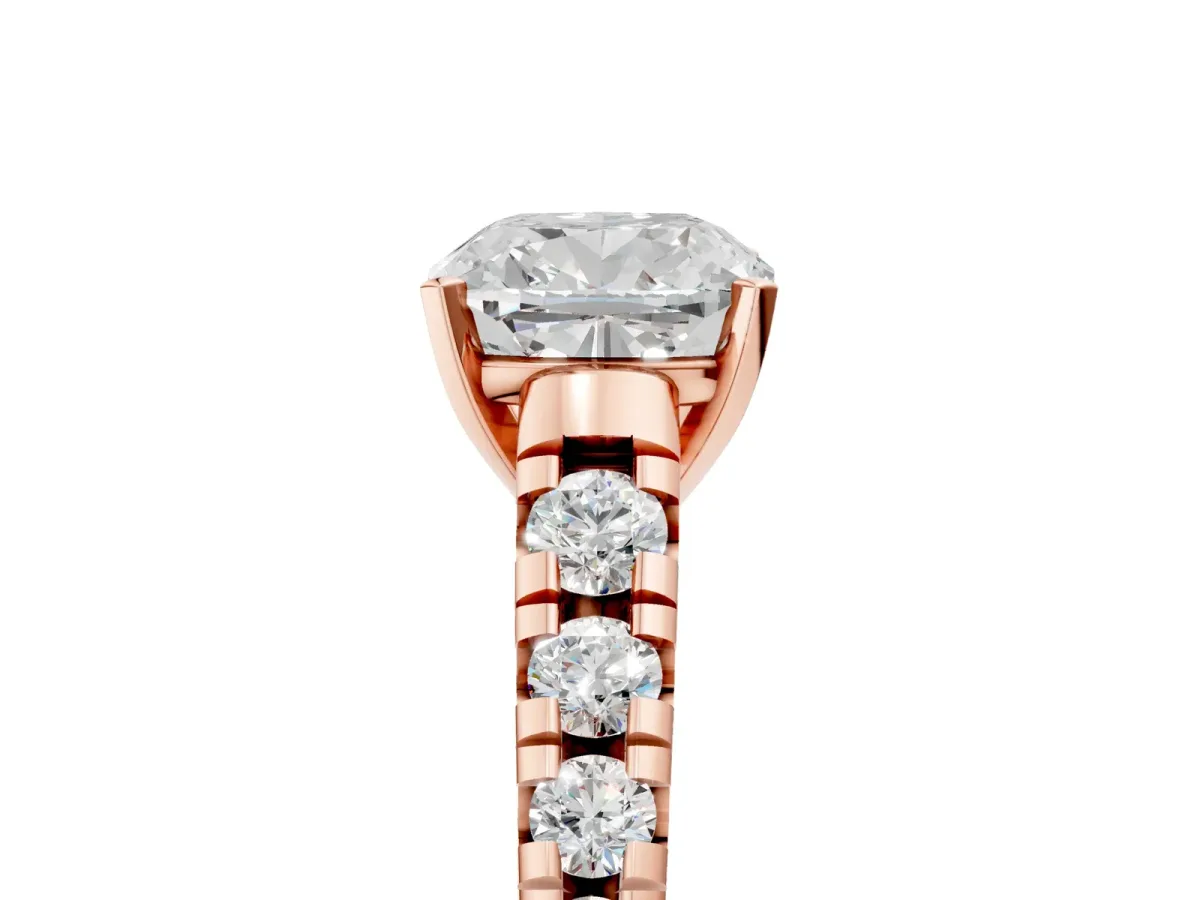 Cushion Cut Diamond Cathedral Solitaire Ring with Round Moissanite Pavé Band Rose gold