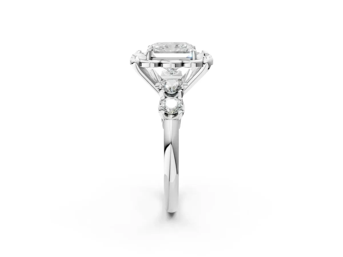Radiant Cut Cut Diamond Floral Halo Engagement Ring with Shared Prong Setting Silver
