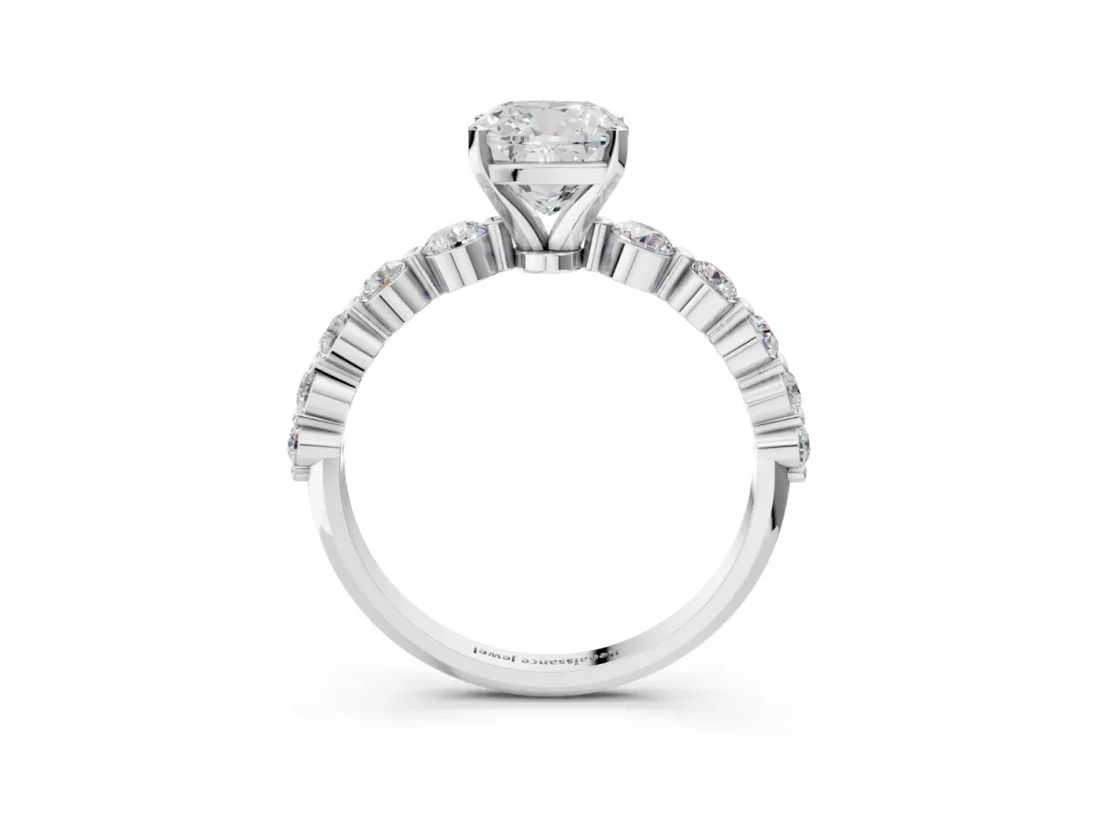 Cushion Cut Solitaire Diamond Ring with Pave Band and Four-Prong Setting Platinum